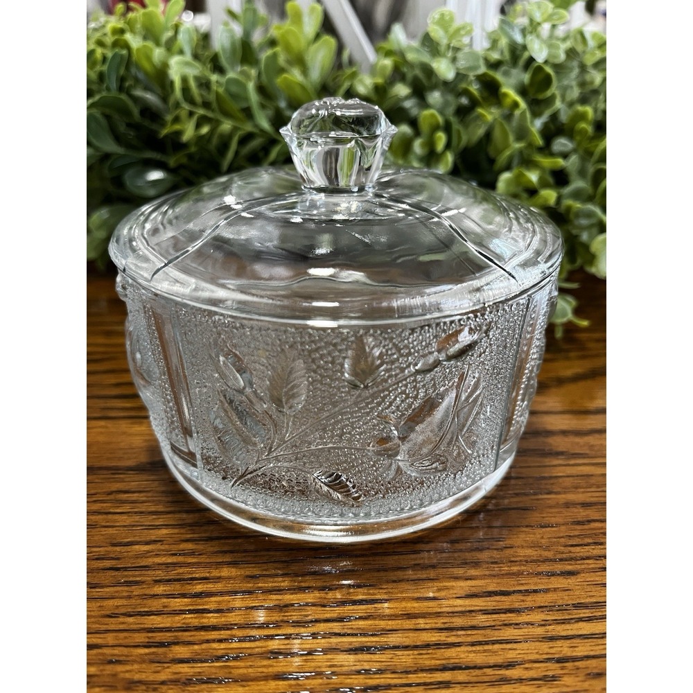 Vintage 1950's Jeanette Clear Glass Covered Candy Powder Dish‎ Rose in Snow
